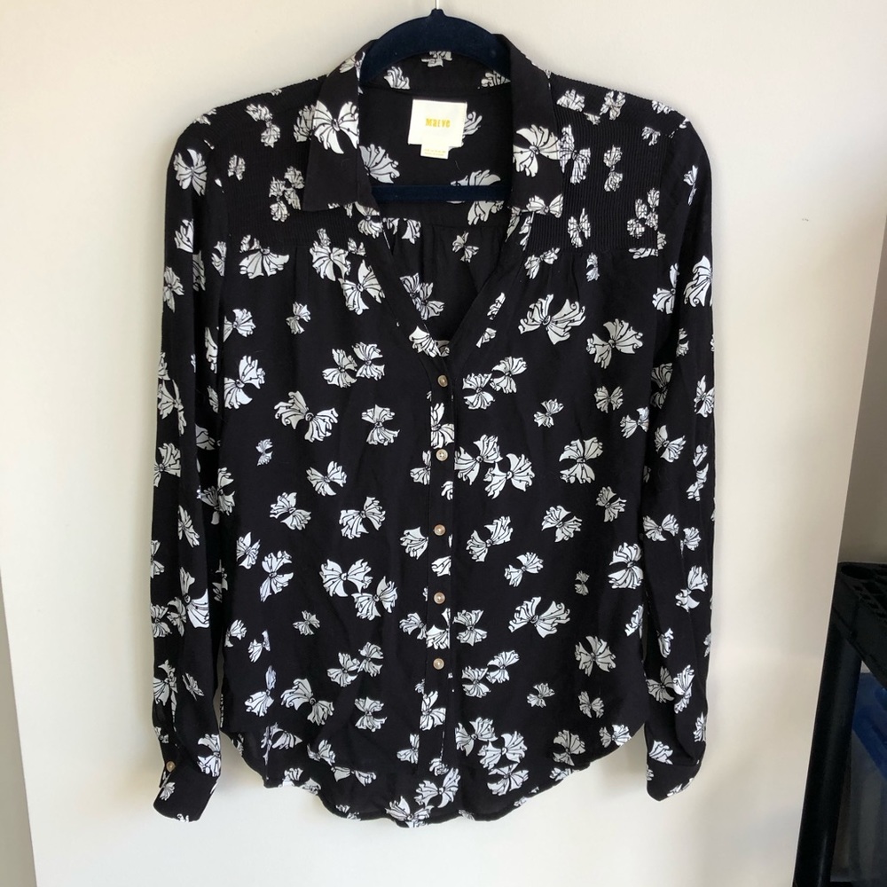Anthropologie Maeve Bow Tie Print Long Sleeve Button Down Top